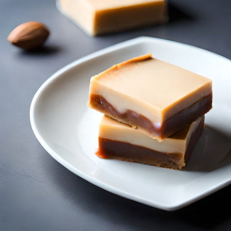 Cream caramel cake on a white plate on a black background.の素材