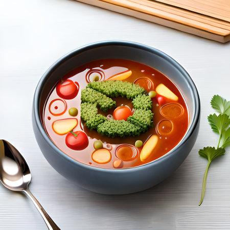 Tomato soup in a blue bowl on a white wooden table.の素材