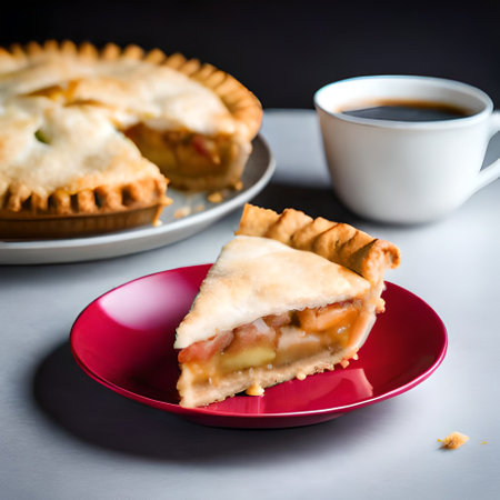 Apple pie with a cup of coffee on a gray background. Selective focus.の素材