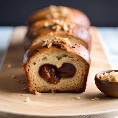 Bread with raisins and nuts on a wooden plate.の素材