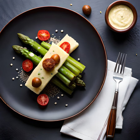 Asparagus with cheese and cherry tomatoes on a black plate.の素材