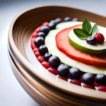 Fruit salad in a wooden plate on a white background. Selective focus.の素材