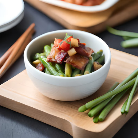 Stir-fried green beans with pork in a bowl on the tableの素材