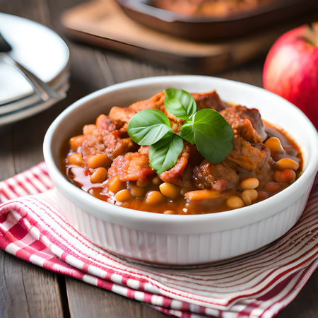 Bean stew with meat and vegetables in a bowl, selective focusの素材