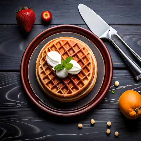 Belgian waffles with whipped cream and strawberries on dark wooden backgroundの素材