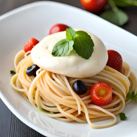 Spaghetti with mozzarella cheese and fresh strawberries, food closeupの素材