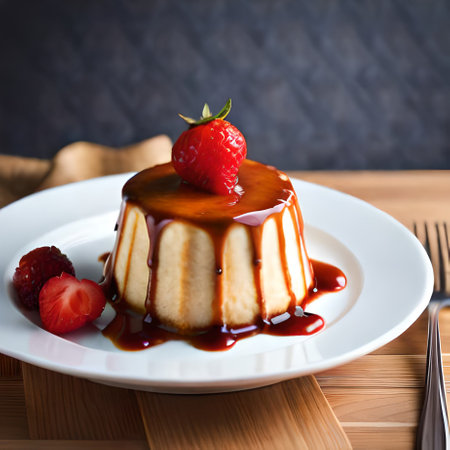 Creamy caramel flan with fresh strawberries on a white plateの素材