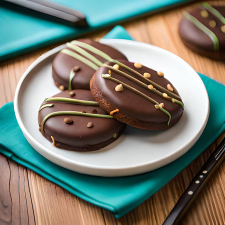 Chocolate cookies with chocolate glaze and almonds on white plate.の素材