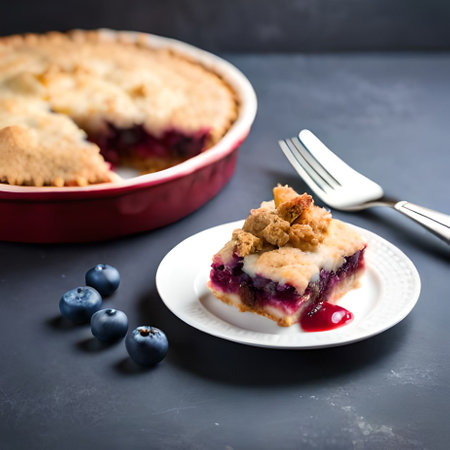 Homemade blueberry pie on a dark background, selective focus.の素材
