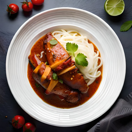 Braised pork ribs in sweet and sour sauce served with noodles.の素材