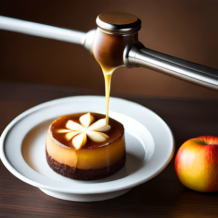 Caramel custard pudding with apples and honey on a wooden tableの素材