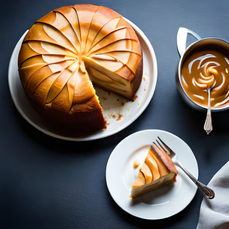 Homemade cheesecake with caramel on a black background, top viewの素材