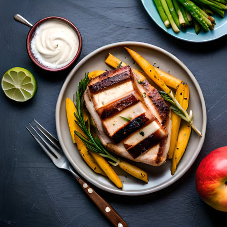 grilled fish with mango and asparagus on black background, top viewの素材