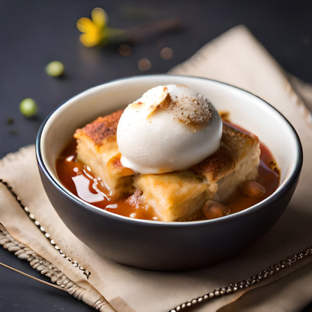 Honey toast with ice cream in a bowl on a black backgroundの素材