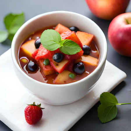 Fruit salad with watermelon and black olives, selective focusの素材