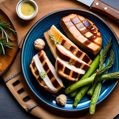 grilled pork chops with asparagus, garlic and rosemaryの素材