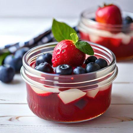 Homemade berry dessert in a glass jar, selective focus.の素材