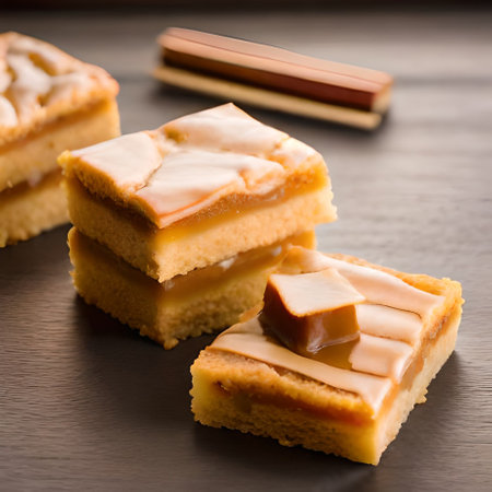 Piece of cake with caramel on wooden background. Selective focus.の素材