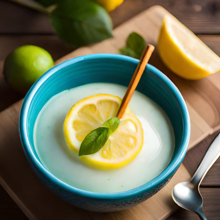 Lemon yogurt with fresh lemons and mint in a blue bowlの素材