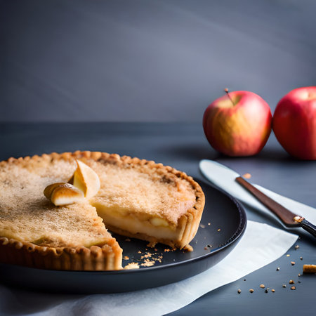 Homemade apple pie on a black plate with apples on a dark backgroundの素材