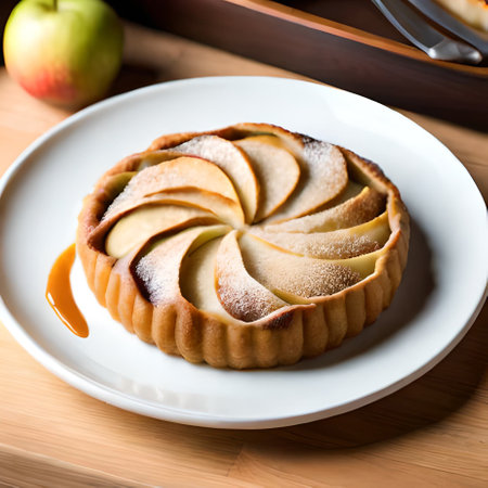 Apple tart on a white plate, close-up, selective focusの素材