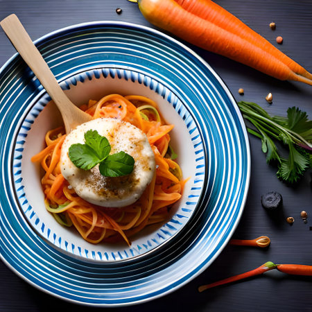 Carrot spaghetti with mozzarella cheese in a blue plate on a black wooden backgroundの素材