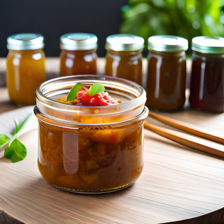Homemade Chinese gooseberry jam in a glass jar on a wooden boardの素材
