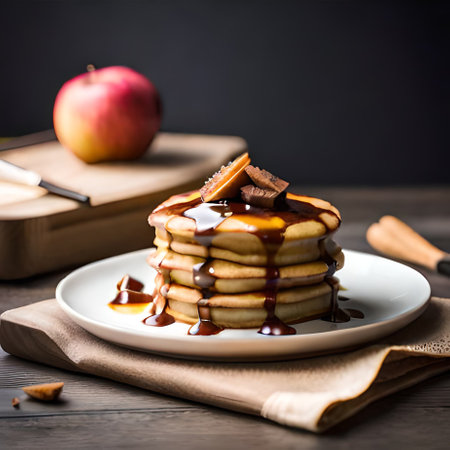 Stack of pancakes with chocolate syrup and apple on wooden table, copy spaceの素材
