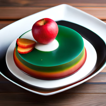 Green apple and red apple on a white plate on a wooden backgroundの素材