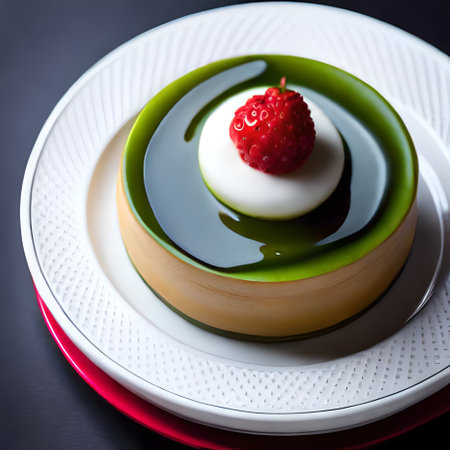 Panna cotta with fresh raspberries on a white plateの素材