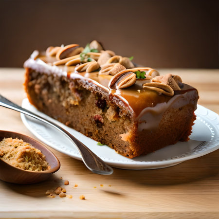 Piece of cake with nuts on a wooden background. selective focusの素材