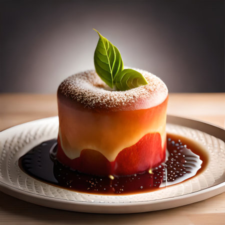 Panna cotta with red and yellow fruit on a white plateの素材