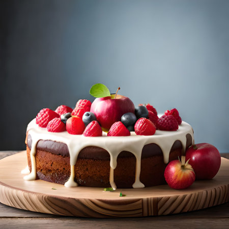 Homemade cake with fresh berries on a wooden board. Selective focus.の素材
