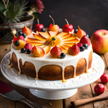 Cake with fresh berries on a wooden background. Selective focus.の素材