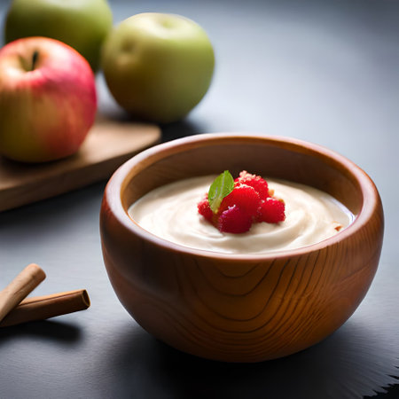 bowl of yogurt with fresh raspberries and apples on dark backgroundの素材