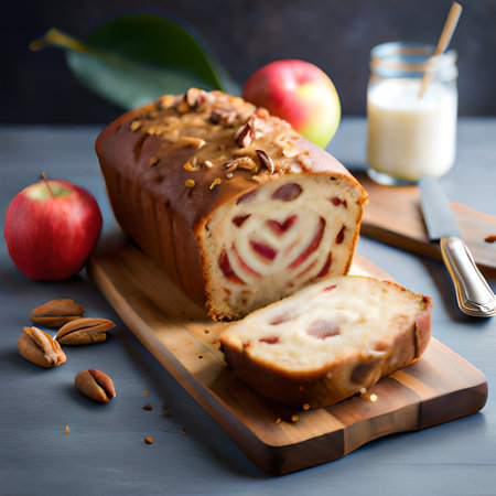 Homemade apple cake with raisins and nuts on a wooden boardの素材