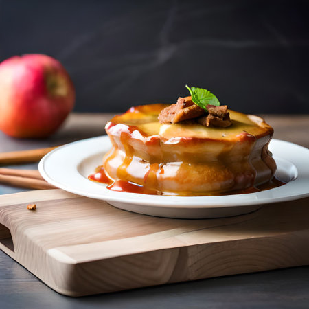 Stuffed pancakes with apple and caramel sauce on a wooden board.の素材