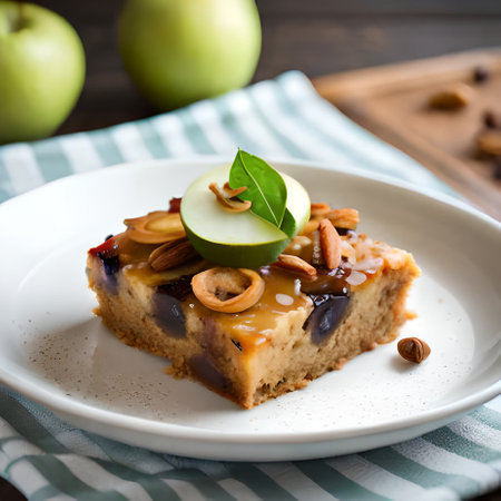 Almond cake with apple and caramel on white plate, selective focusの素材