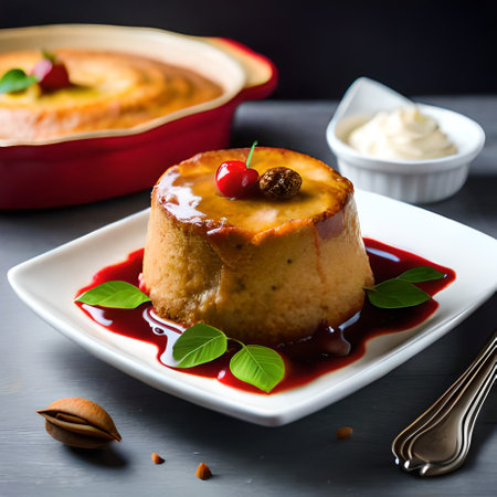 Creme caramel custard pudding with whipped cream and cherries, squareの素材