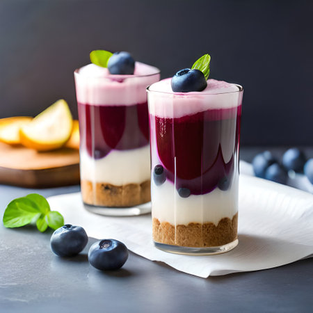 Blueberry cheesecake in glass with fresh blueberries, selective focusの素材