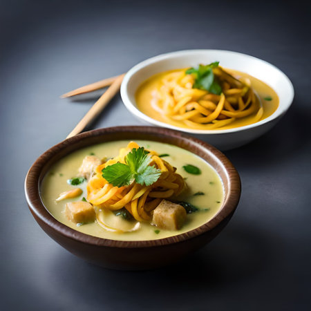Bowl of chicken curry with noodles on dark background, selective focusの素材