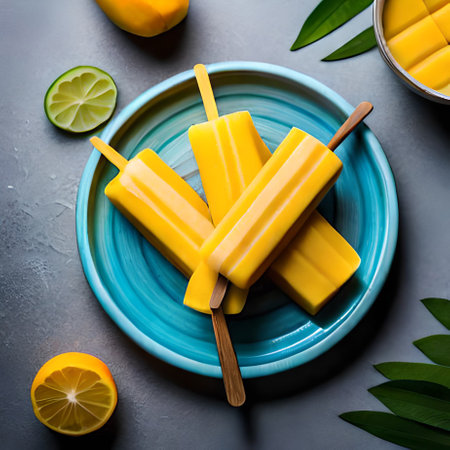 Homemade popsicles with mango and lime on a blue plate.の素材