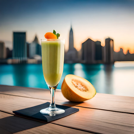 Delicious melon smoothie on the background of the city.の素材