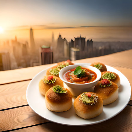 Fried buns with tomato sauce on wooden table with city viewの素材