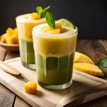 Panna cotta with mango and mint on a wooden board, selective focus.の素材