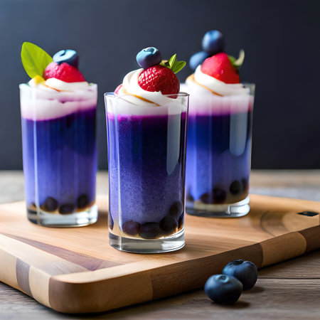 Blueberry and Strawberry Mousse in glass on wooden background. Healthy food concept.の素材