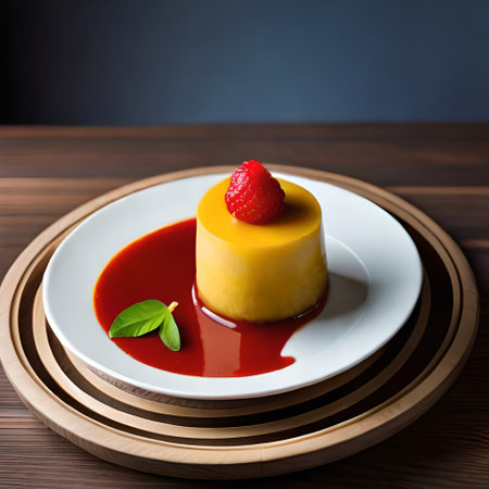 Panna cotta with strawberry sauce on wooden table, closeupの素材