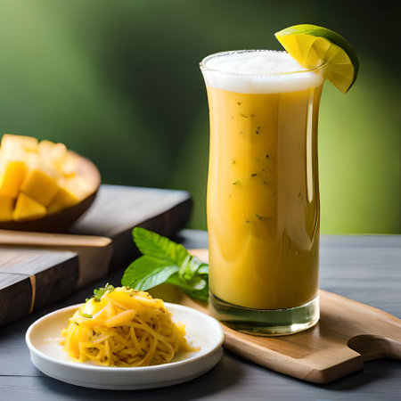 Mango smoothie in a glass with mango slices on the tableの素材