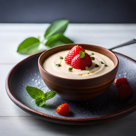 Panna cotta with fresh strawberries and mint in a ceramic bowlの素材