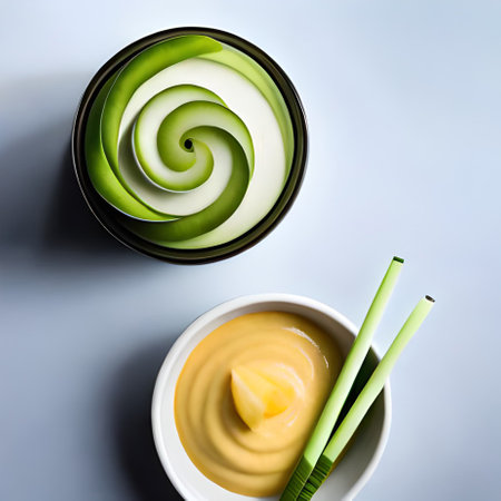 Top view of a bowl of mayonnaise and green chopsticksの素材